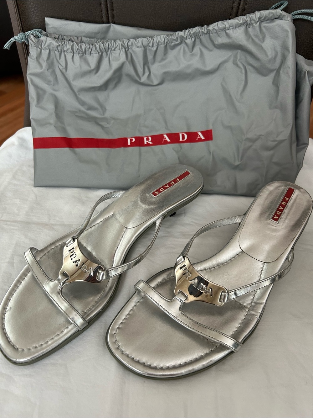 Vintage Prada Silver Metallic Leather Kitten heel slide with Logo Hardware